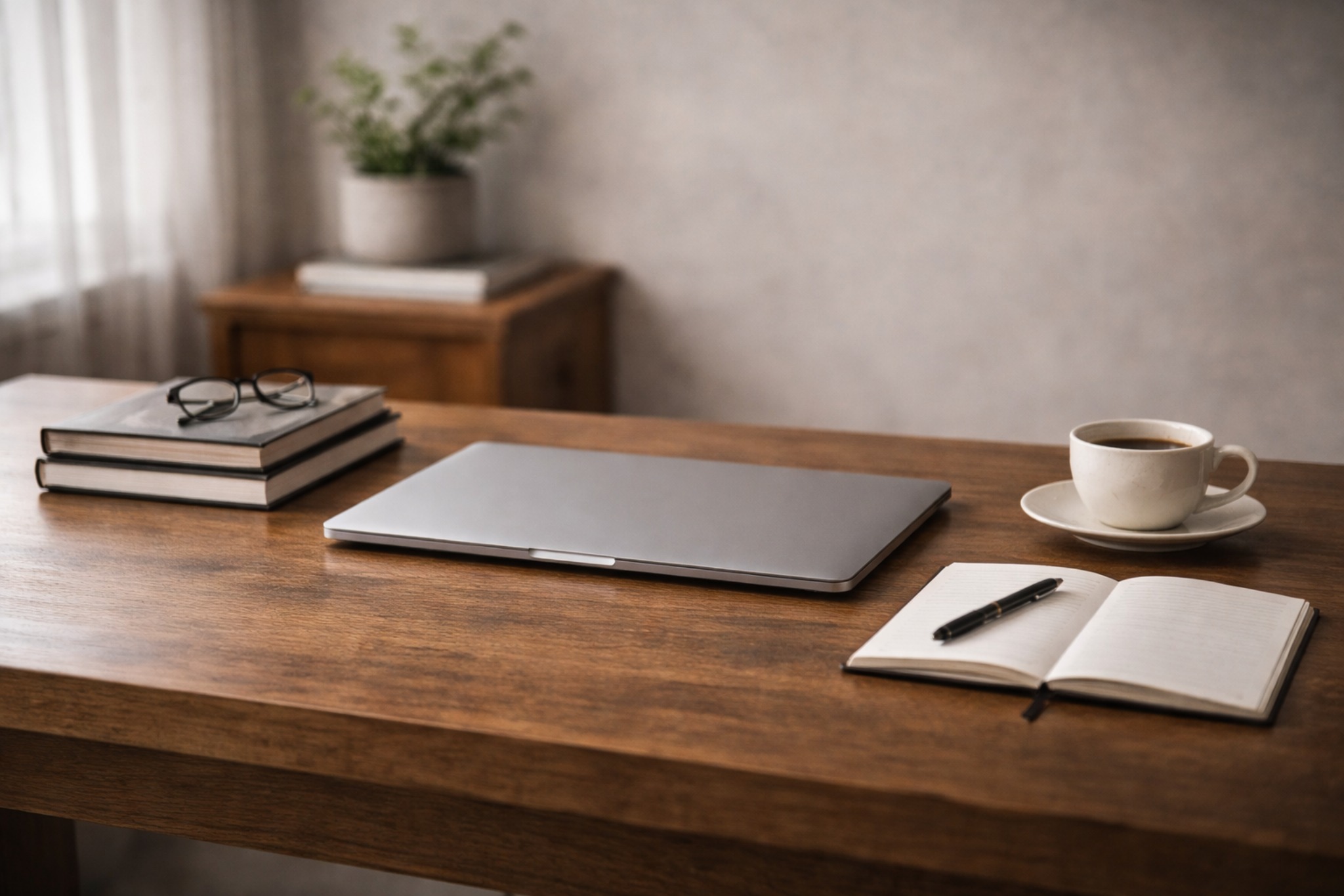 Mesa elegante com livros, notebook e café representando o universo intelectual do blog