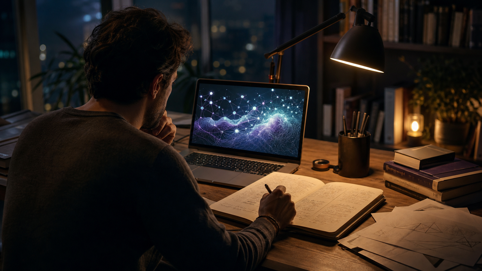 Pessoa escrevendo em um caderno diante de uma interface abstrata de inteligência artificial em um escritório noturno