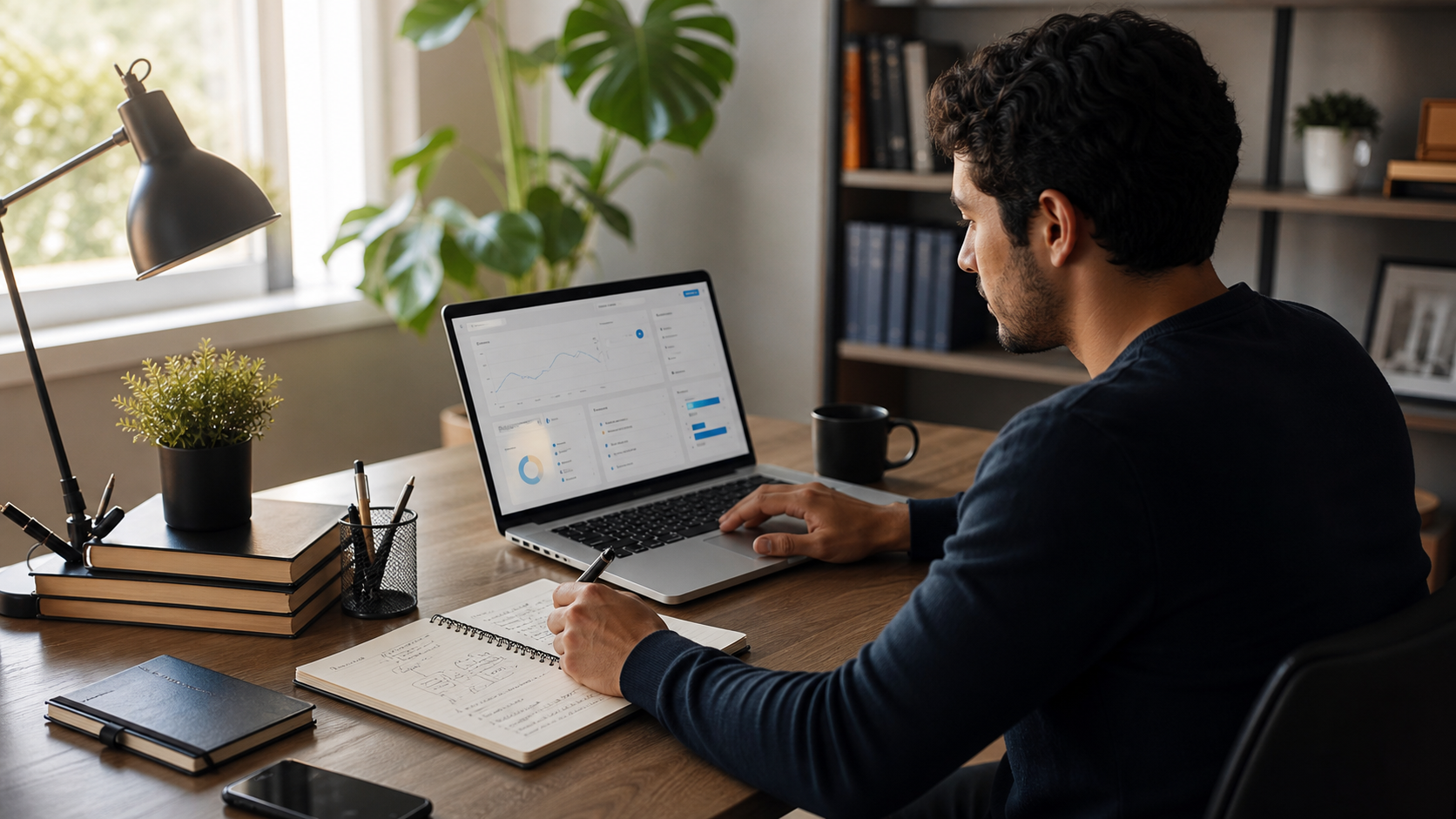 Profissional planejando renda digital em um notebook com gráficos e anotações em mesa de trabalho