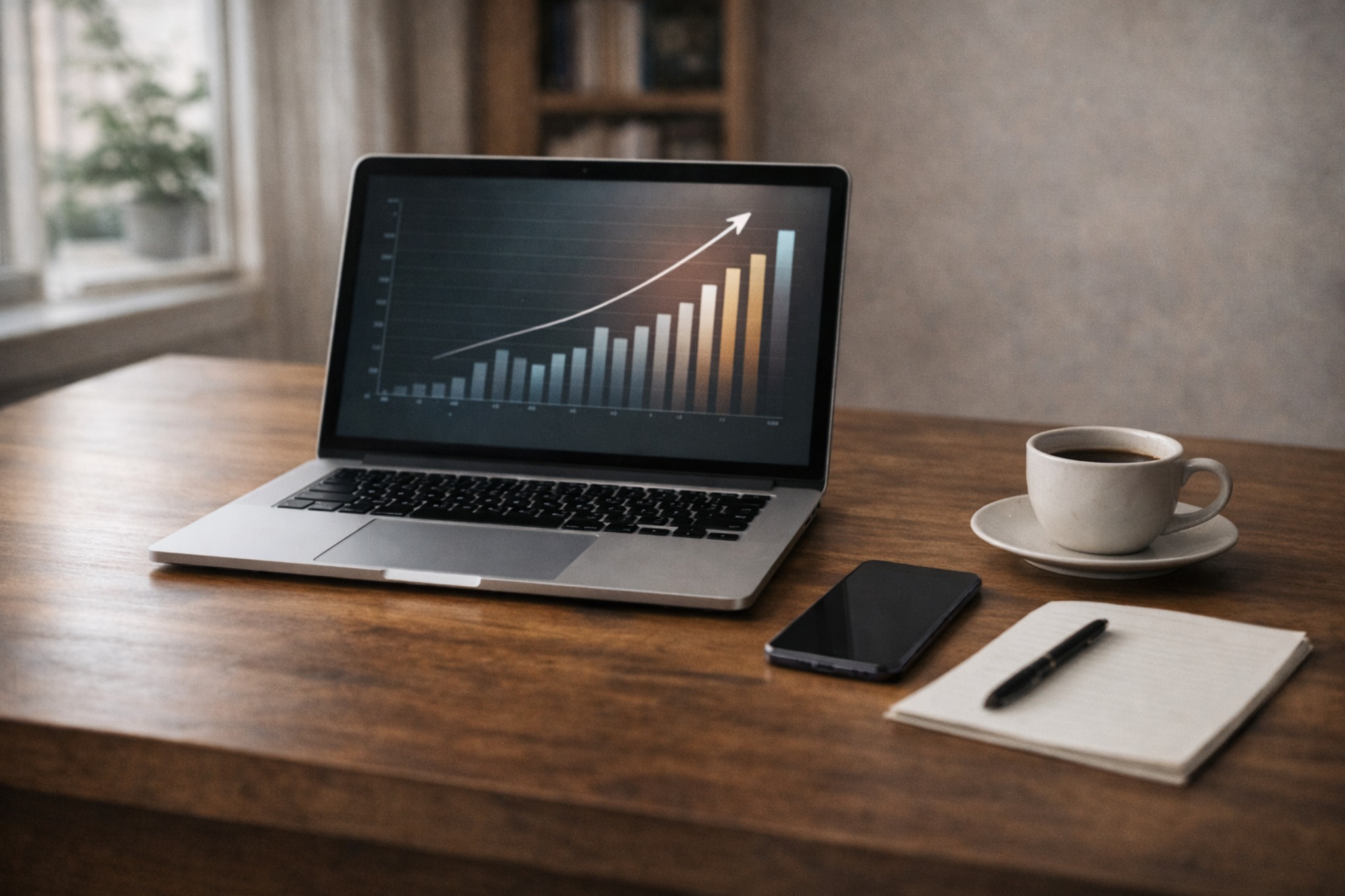 Notebook com gráfico de crescimento em ambiente de trabalho elegante