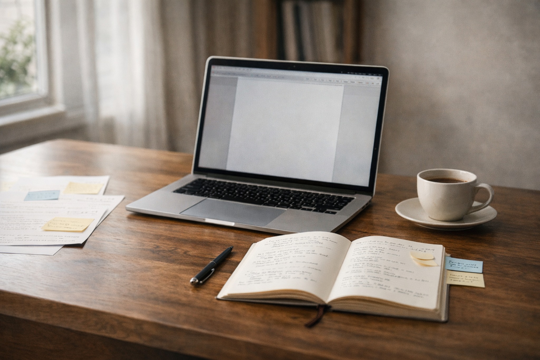 Mesa de estudo organizada com notebook, caderno e anotações