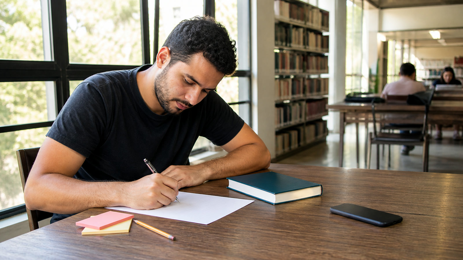 Estudante adulto escrevendo de memória em uma biblioteca, com o livro fechado e o celular afastado.