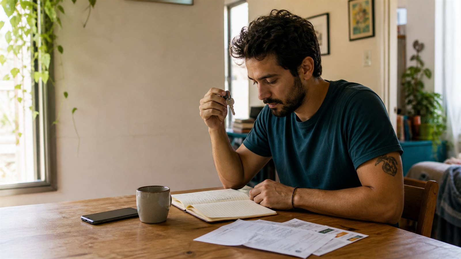 Homem adulto diante de um caderno aberto, segurando as chaves enquanto organiza o início do dia.