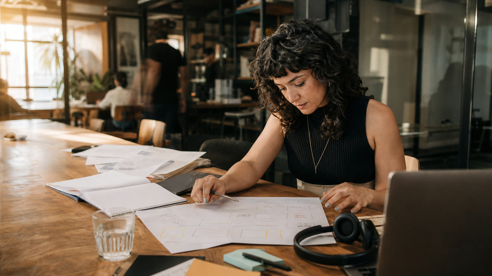 Mulher adulta organizando um plano visual em uma mesa de trabalho compartilhada.