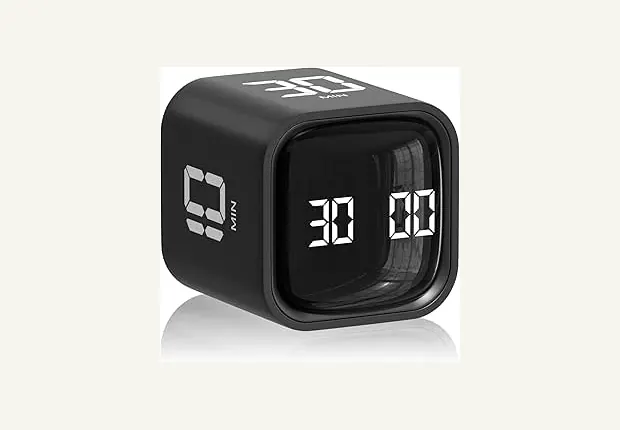Timer visual de mesa em formato de cubo preto com visor digital.