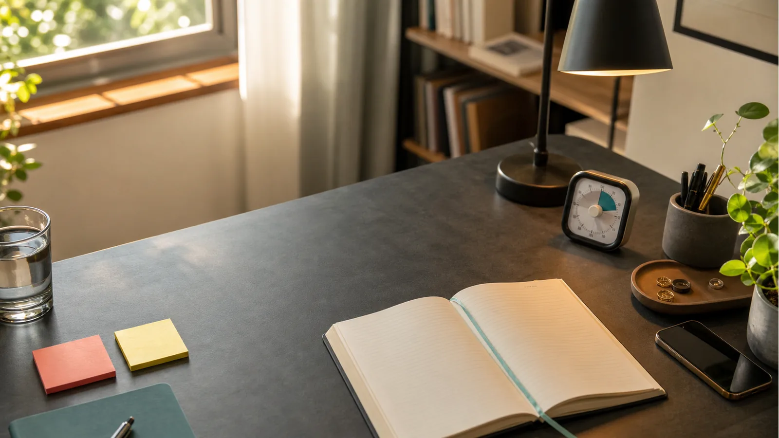 Mesa realista com timer visual, caderno aberto, luminária e espaço livre para começar uma tarefa.